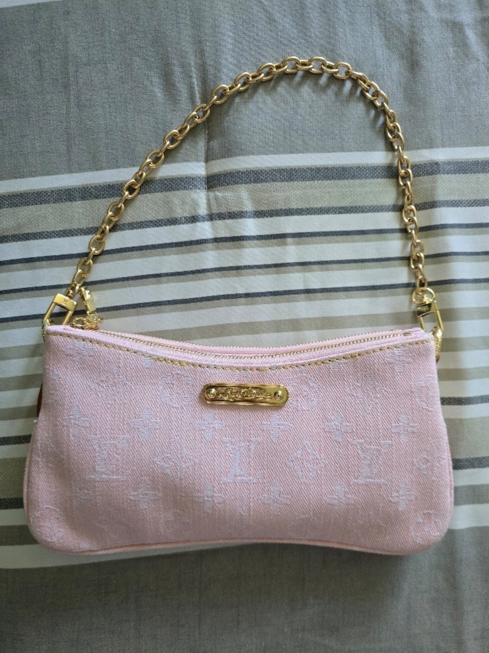 Light Pink Monogram Wristlet with Gold Chain